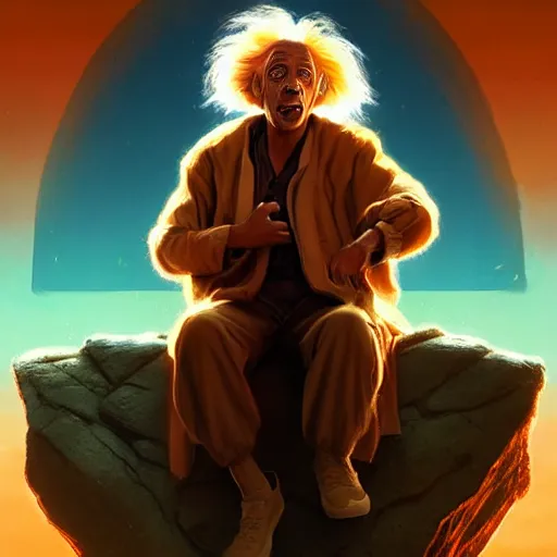 Image similar to portrait of doc brown!! sitting!!!!!!!!!!!!!!!!!!! on ( ( ( lion king ) ) ), disney animation, sharp, illustration, sharp, fanart, anime key art by greg rutkowski, bloom, dramatic lighting sharp focus, cinematic, artbook, smooth, centered