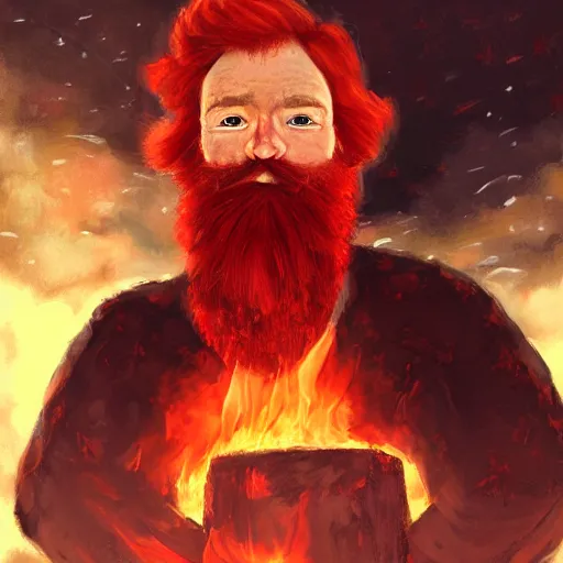 Image similar to grumpy red haired man with red beard, wearing black coat, fire behind him, oil painting, fantasy artwork, fantastic artwork, 4 k, trending on artstation