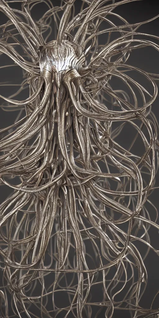 Image similar to a photorealistic render of a metallic neotribal jellyfish sculpture, with thorns, made of liquid metal, c 4 d, by zhelong xu and ernst haeckel, wide angle, hyper realistic, plain background, 8 k, volumetric lightning, octane render