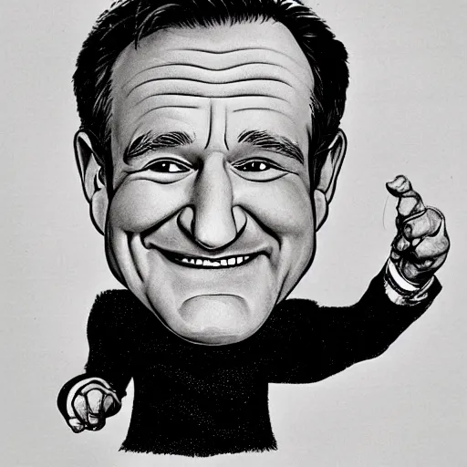 Image similar to a caricature portrait of Robin Williams drawn by Mort Drucker Mad Magazine