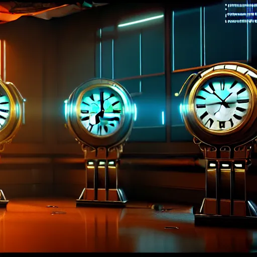 Image similar to clocks in the main office of the time saving bank, cyber punk, retro machinery, futuristic hi-tech details, art by anthony macbain + greg rutkowski + jean giraud, concept art, 4k, sharp focus, cinematic render unreal engine