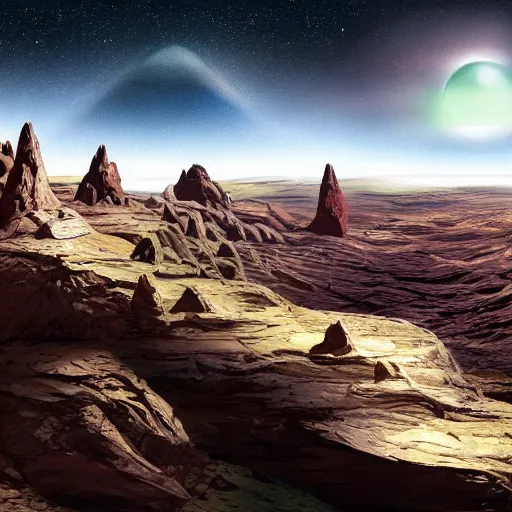 Image similar to fine illustration of exaggerated landscape gorge on an exoplanet, alien edifice, rock formations, twilight