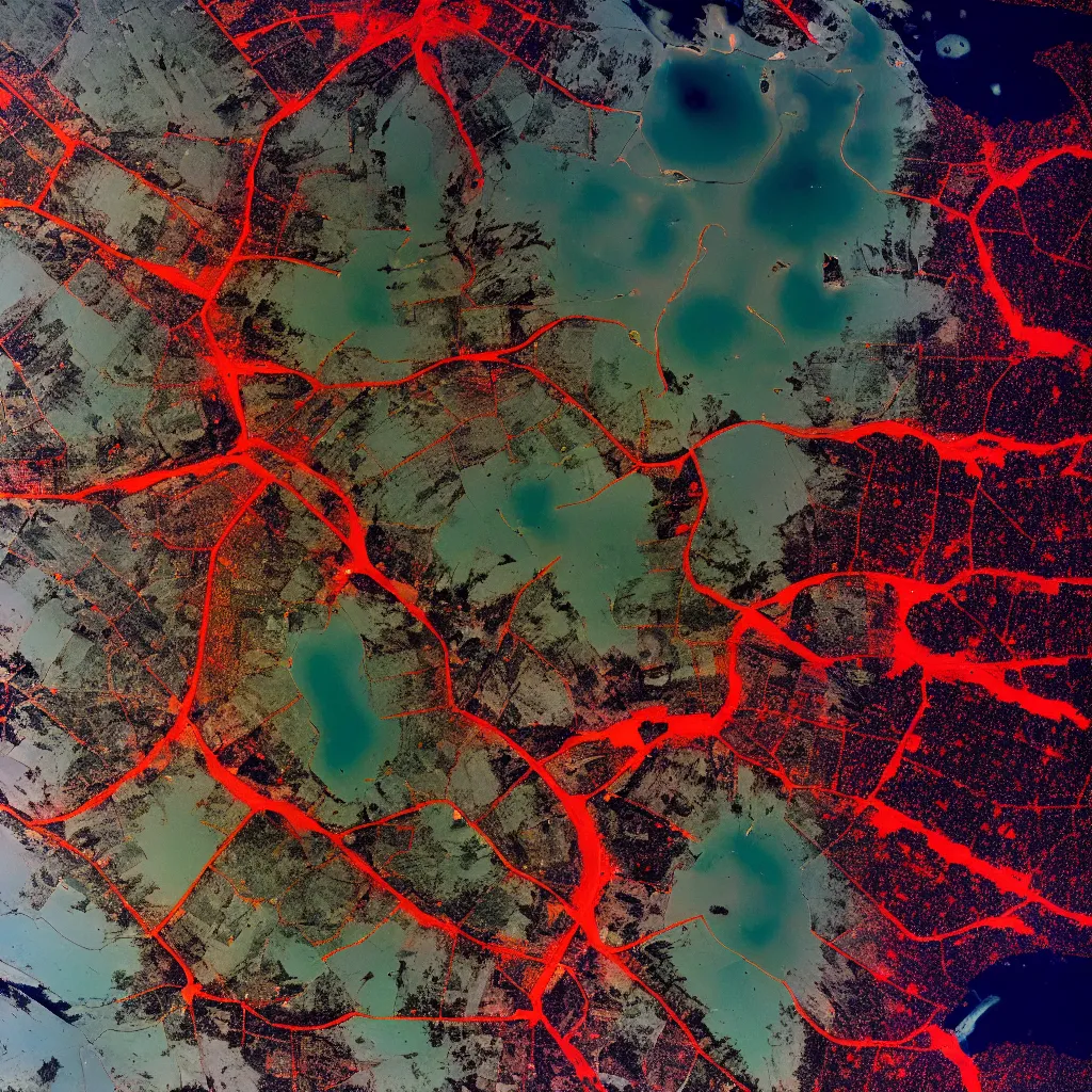 Image similar to a very polluted landscape seen by sentinel or landsat satellite during the night with red rivers and oceans surrounded by urban sediment, photorealistic, high resolution, best quality