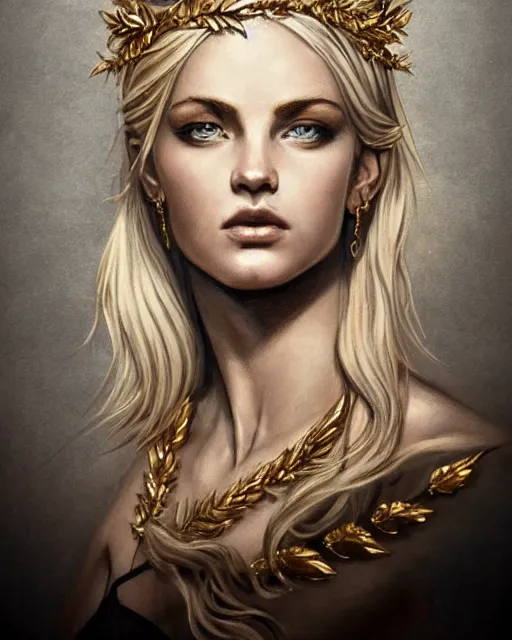 Image similar to tattoo sketch of blonde super model aphrodite greek goddess wearing a gold laurel wreath and triangle earrings, beautiful piercing gaze with sharp pupils, in the style of greg rutkowski, fantasy, amazing detail, epic, elegant, smooth, sharp focus, front view