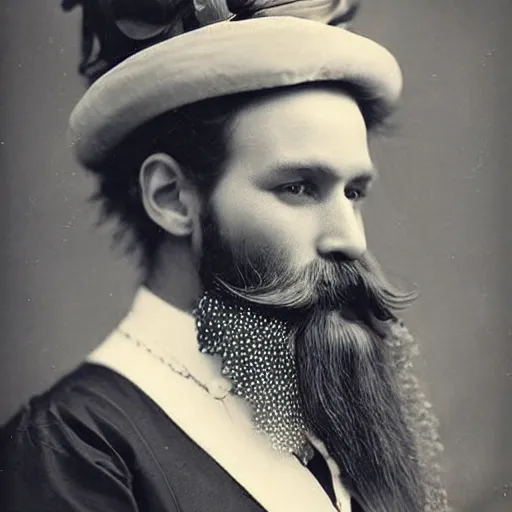 Prompt: bearded lady in fine victorian fashion, ribbons in beard, fancy hat, vintage photography