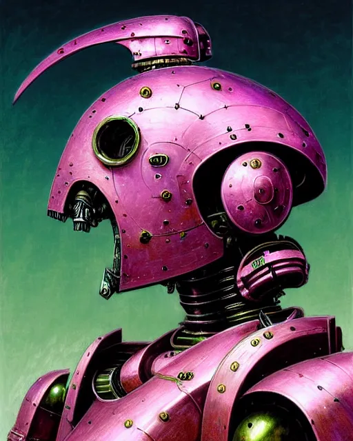 Image similar to hyperrealistic hyperdetailed medieval mecha iridescent pink covered in medieval type battle war concept art santiago caruso de chirico sharp very dramatic green light 8k low angle shallow depth of field