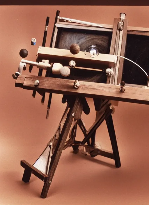 Image similar to realistic photo of a a wooden astronomy archeology chemistry scientific appliance model equipment gadget made of wooden constructor 1 9 9 0, life magazine reportage photo, natural colors, metropolitan museum collection