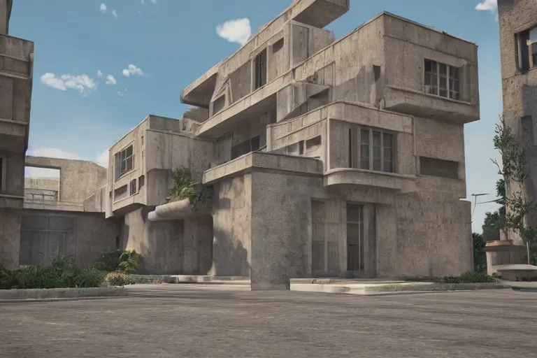 Prompt: italian rationalist architecture from the 1 9 4 0's, unreal engine 5 render, highly detailed, warm colors, warm lighting, 1 7 mm, 8 k