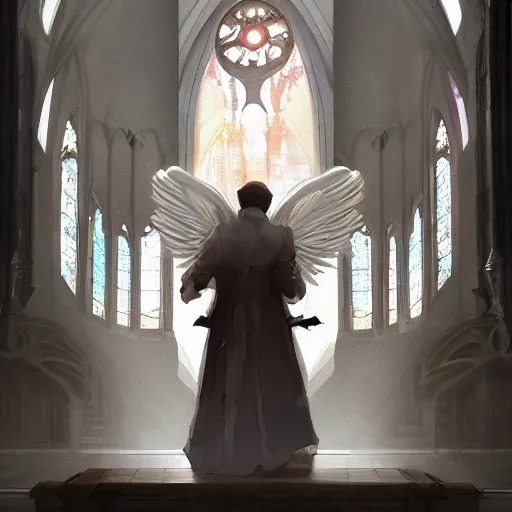 Image similar to angel protecting man who is praying inside a gothic church by Stanley Artgerm Lau, WLOP, Rossdraws, James Jean, Andrei Riabovitchev, Marc Simonetti, Yoshitaka Amano, ArtStation, CGSociety