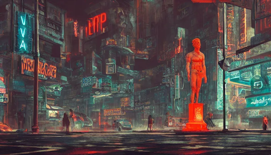 Prompt: a small weathered ancient greek sculpture standing in a square, surrounded by cyberpunk city, neon sign, bladerunner, digital illustration, artstation, cinematic composition