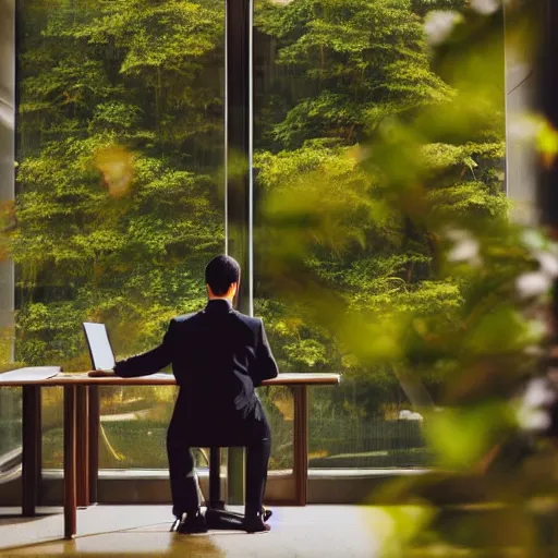Image similar to a worker wearing a suit is sitting bored in front of his desk, it is inside a small cubicle which is completely surrounded by beautiful nature, total perspective, anime style