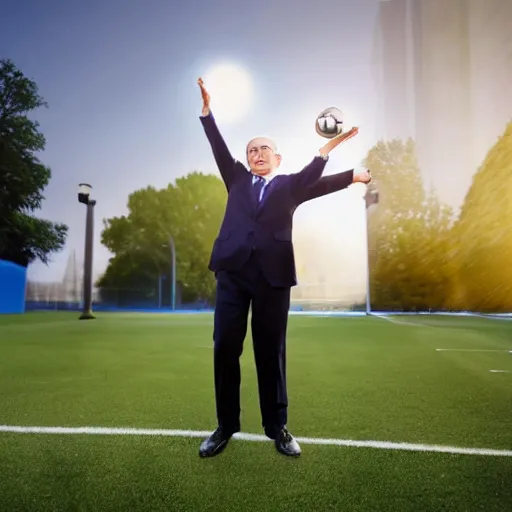 Prompt: Benjamin Netanyahu juggling a football in a public park, dynamic lighting, ambient lighting, morning time, HQ, official media