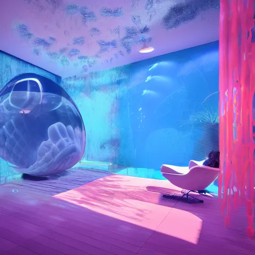 Image similar to photo of the modern room as aquarium with a big jellyfish and corals, realistic colors, realistic shadows, daylight made in blender, 3 d by beeple and damian hirst