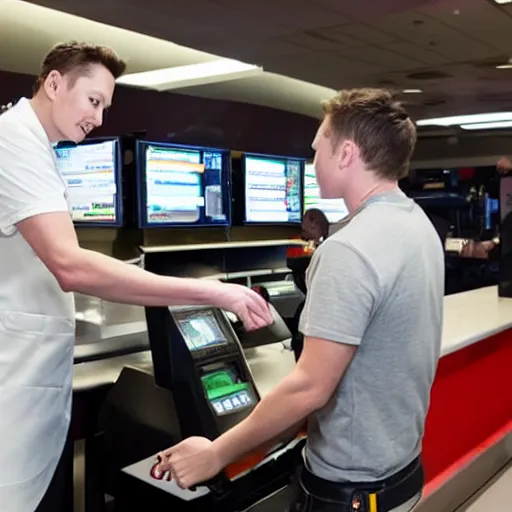 Image similar to elon musk working at burger king, elon musk working the register at a fast food restaurant