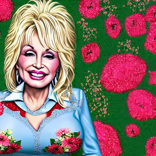 Image similar to Dolly Parton surrounded by flowers in the style of Wes Wilson