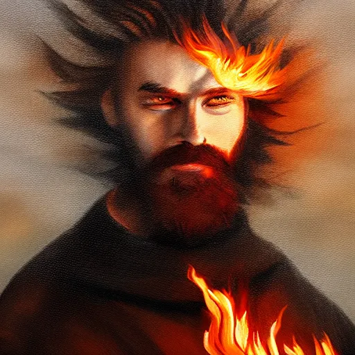 Prompt: furious young brown - red haired man with beard, wearing black coat, fire behind him, fire mage, shooting fire, fire, oil painting, fantasy artwork, fantastic artwork, 4 k, trending on artstation