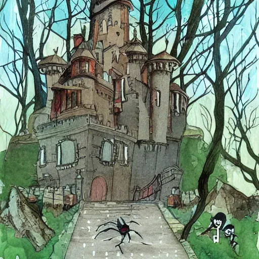 Prompt: the hall in the castle decorated for halloween hayao miyazaki in a small clearing among trees, watercolor illustration for a book