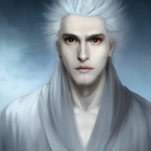 Prompt: white haired robe fu xi full male front body portrait, sit upright on the ground, very long white beard and hair, long hair shawl, fine kindness delicate prefect face features gaze, piercing eye, elegant, style of tom bagshaw, cedric peyravernay, peter mohrbacher, victo nga, 4 k hd illustrative wallpaper, animation style, chinese style