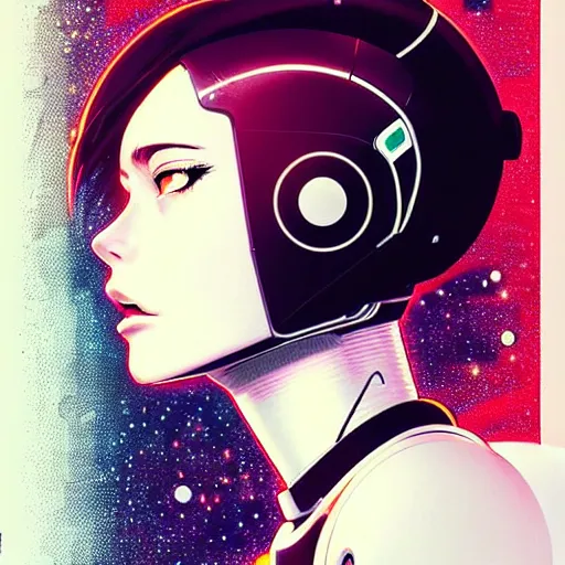 Image similar to side portrait scifi cyborg girl with robotic parts and spacesuit | | head only in center of image, audrey plaza, fine detail!! anime!! realistic shaded lighting!! poster by ilya kuvshinov katsuhiro otomo ghost - in - the - shell, magali villeneuve, artgerm, jeremy lipkin and michael garmash and rob rey