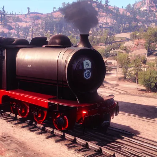 Prompt: futuristic sleek steam locomotive in red dead redemption 2