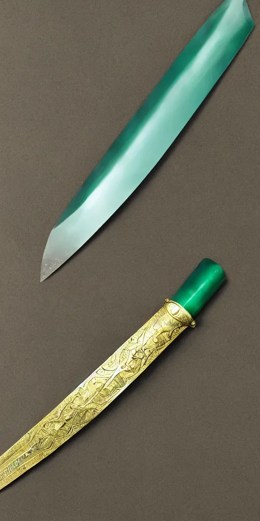 Image similar to photograph of a wide green and teal crystal sword blade attached to a big gold sword hilt