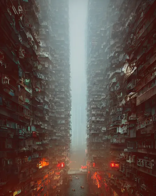 Prompt: poor buildings, hong kong buildings, kowloon, slums, night, cyberpunk, fog, rain, dramatic lighting, depressing, dystopia, trending on Artstation, 8k, highly realistic, hyper detailed, unreal engine 5, IMAX quality, realistic, cinematic, epic lighting, realistic, Matte Painting, masterpiece,