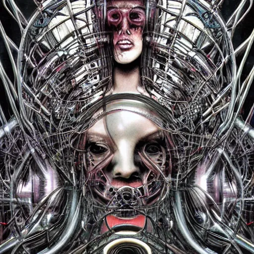 Image similar to britney spears encased in biomechanical machine, heavy conduits, complex scene, rich composition, heavy in detail, evil, corruption, decay, grime, smooth, sharp focus, airbrush, illustration, symmetrical, portrait, art by h. r. giger