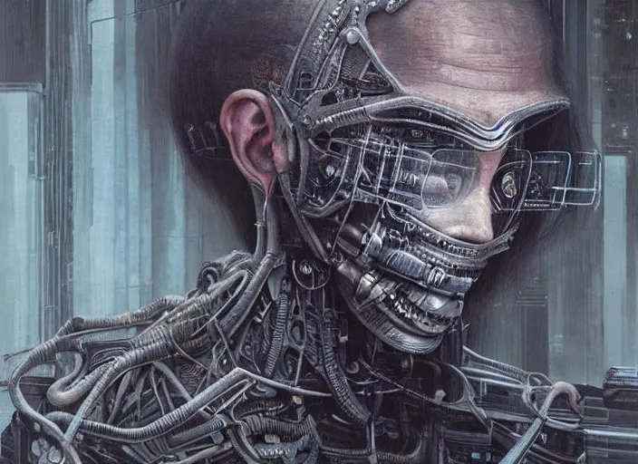 Image similar to highly detailed concept art of neuromancer characters, dystopian post - apocalyptic retrofuturistic vibe, an ultrafine detailed painting by art by hans giger and wayne barlowe, trending on deviantart, pop surrealism, whimsical, lowbrow, perfect symmetrical face, sharp focus, octane, masterpiece