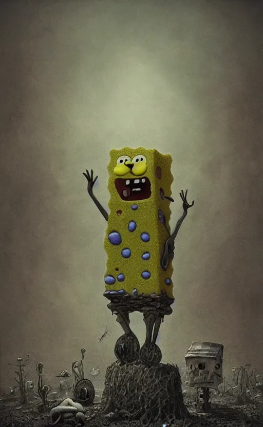 Image similar to spongebob squarepants in style of zdzisław beksinski, standing in wasteland, horror art, creepy, desolate, spongebob, spongebob, spongebob, spongebob