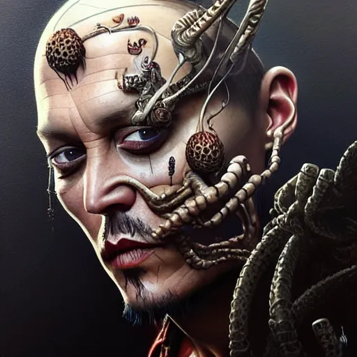 Image similar to johnny depp with his limbs cut off, intricate, highly detailed, centered, digital painting, artstation, concept art, smooth, sharp focus, illustration, artgerm, tomasz alen kopera, peter mohrbacher, donato giancola, joseph christian leyendecker, wlop, boris vallejo