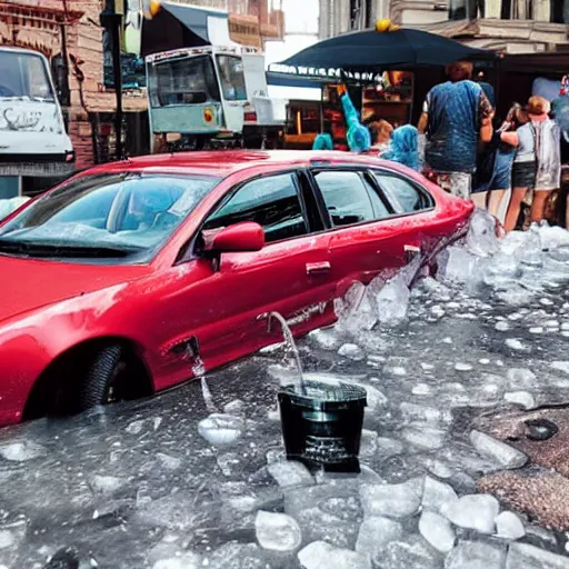 Prompt: ZiL car illegally submerged in dangerous ice cream, perfectly calibrated