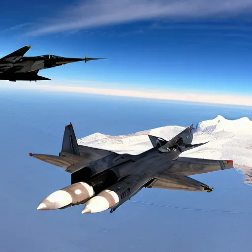 Prompt: f - 1 4 in a dogfight with a su - 5 7 over a snowy mountain landscape.