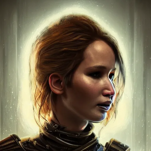 Image similar to jennifer lawrence portrait, dystopia core, apocalyptic, armor, warrior, dramatic, sharp focus, fiction, neon, fantasy, hyper detailed, digital art, trending in artstation, cinematic lighting, studio quality, smooth render, unreal engine 5 rendered, octane rendered, art style and nixeu and wlop and krenz cushart