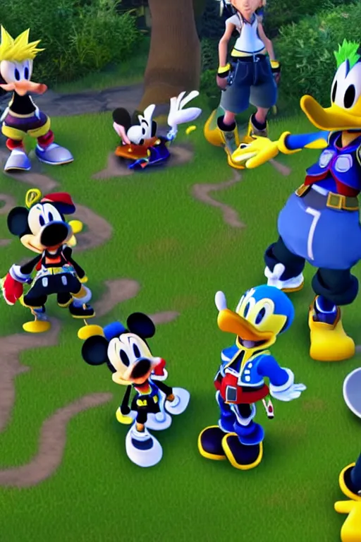 Prompt: screenshot of kingdom hearts 3, Disney and final fantasy crossover, donald duck and goofy npc characters standing next to anime human sora, Kingdom hearts styled gameplay, unreal enginel 4, kingdom hearts 3, kingdom hearts, cartoony lighting, disneyworld at kingdom hearts, Disney inspired setting with Sora and Donald in the scene, image of an action adventure rpg, magical fantasy l, artstationHD, Final fantasy 15 graphics, stunning pixar graphics, rtx on, sharp focus