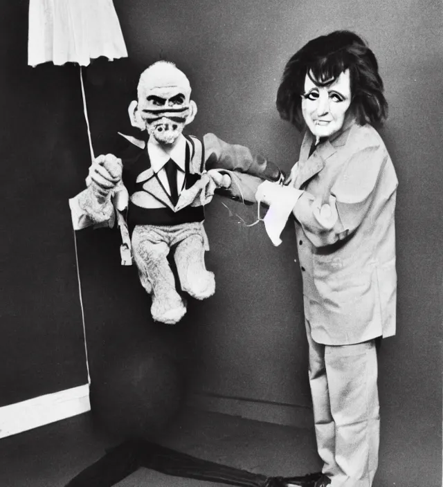 Prompt: hyper realistic old 1 9 8 0 photography of lunatic mad ventriloquist old man with terrific haunted puppet
