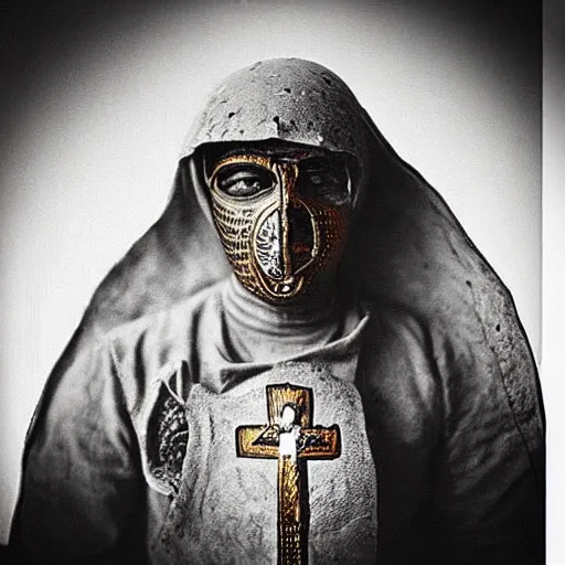 Image similar to “Byzantine soldier in ww1 trench warfare covered in religious iconography and wearing prosthetic face mask”