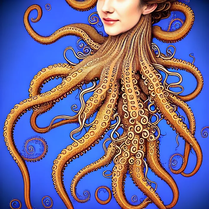 Image similar to photo portrait of a beautiful woman like a queen- octopus-dressed in long elegant intricate ornamental ethereal dress, natural skin tone, intricate mandelbrot fractal highly detailed tentacles ornament in the upper side of breast, bust with a very long neck , hair are wired tentacles, elegant, highly detailed intricate jellyfishes ornament in her long hair, Realistic, Refined, Highly Detailed, natural soft lighting colors scheme, fine art photography by Tim Walker, volumetric lighting, hyper realistic photography, 8 k