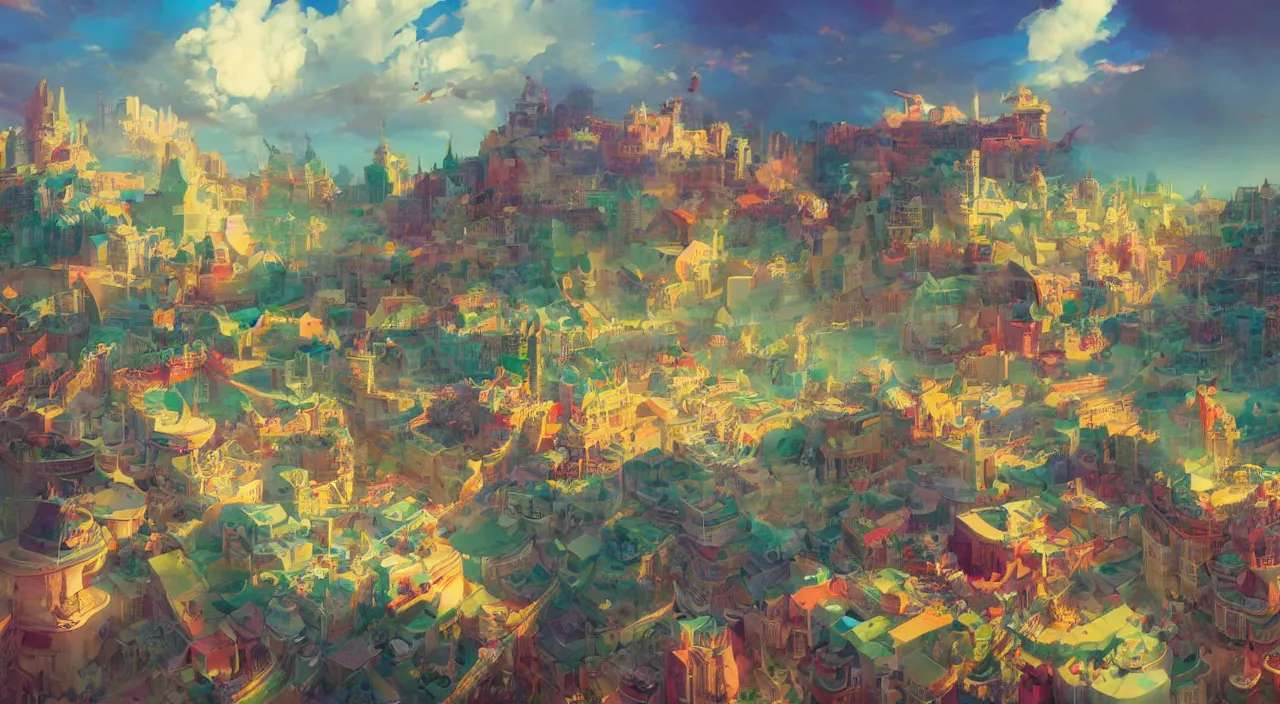 Image similar to bazaar zouk oriantal multicolorful sky shine place mosquet painting, sunny day, matte painting, bold shapes, hard edges, street art, trending on artstation, by huang guangjian and gil elvgren and sachin teng