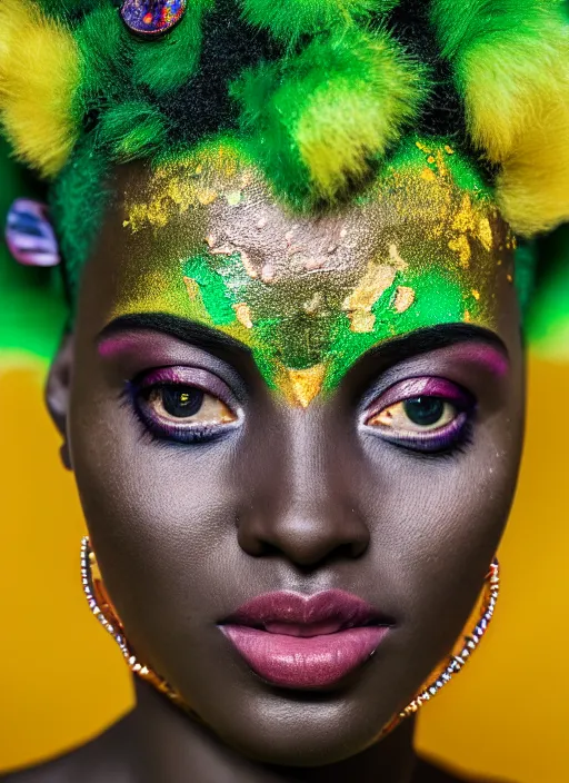 Prompt: beautiful african portrait, ( ( head shot ) ), sharp focus, neo classic, bloom, movie still, sony, symmetrial, makeup, sephora, loreal, green highlights, lens flare, afro - futurism, studio light, octane render, national geographic, maybelline, model, facepaint, traditional, vsco, bokeh, 8 k