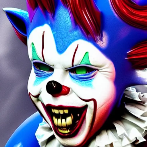 Prompt: detailed photorealistic image of sonic as pennywise from IT