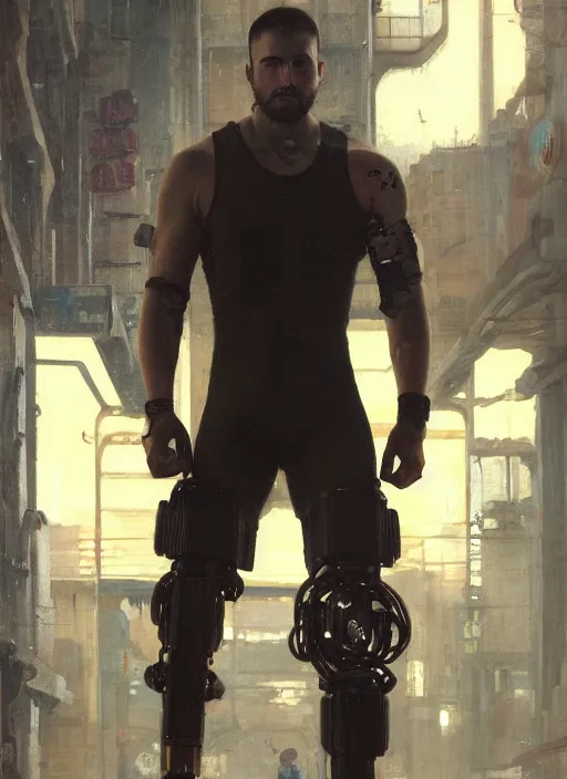 Image similar to cyberpunk olympic weightlifter in jumpsuit with robotic arms ( blade runner 2 0 4 9, cyberpunk 2 0 7 7 ). orientalist portrait by john william waterhouse and james gurney and theodore ralli and nasreddine dinet, oil on canvas. cinematic, hyper realism, realistic proportions, dramatic lighting, high detail 4 k