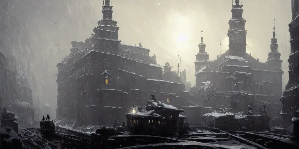 Image similar to snowpiercer travels through the icy city of warsaw, poland. frostpunk by greg rutkowski, gustave courbet, rosa bonheur, edward hopper. faithfully depicted architecture, realistic, sharp focus, global illumination, radiant light, detailed and intricate environment, trending on artstation