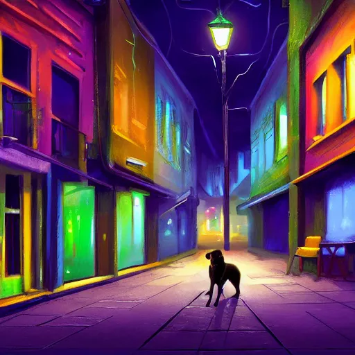 Prompt: stray dog sits alone in a dark alleyway at night with neon city lights glowing in the distance, 4 k, digital painting, photorealism, lighting study