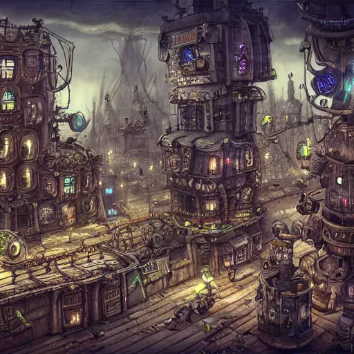 Image similar to machinarium city, steampunk style, fantasy style, super high detail, super high quality, talented artist, trending on artstation