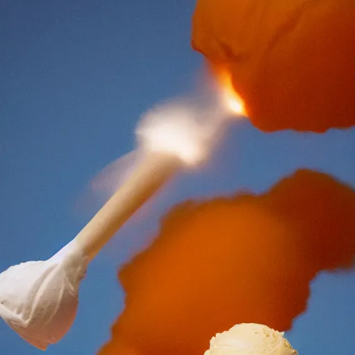 Image similar to photo of an orange ice cream cone firing its retrorockets
