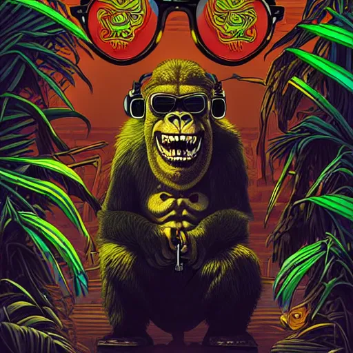 Prompt: barong family member with ray - ban sunglasses and headphones, wiwek, mara demon, jungle, dark, gorilla, inner glow, art by dan mumford and justin gerard