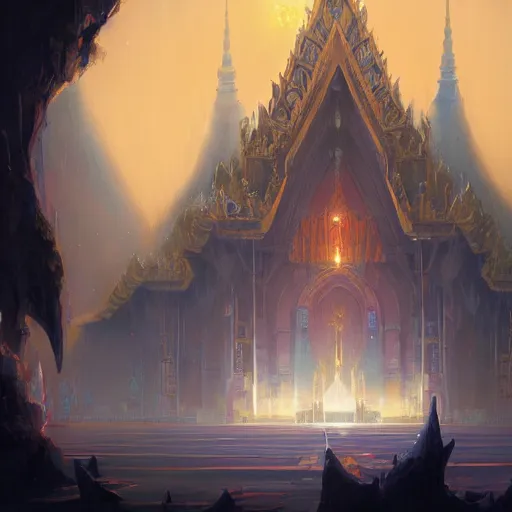 Image similar to grand palace temple for leader of galactic empire by peter mohrbacher, vivid colors, matte painting, 8K, concept art, mystical color scheme, trending on artstation