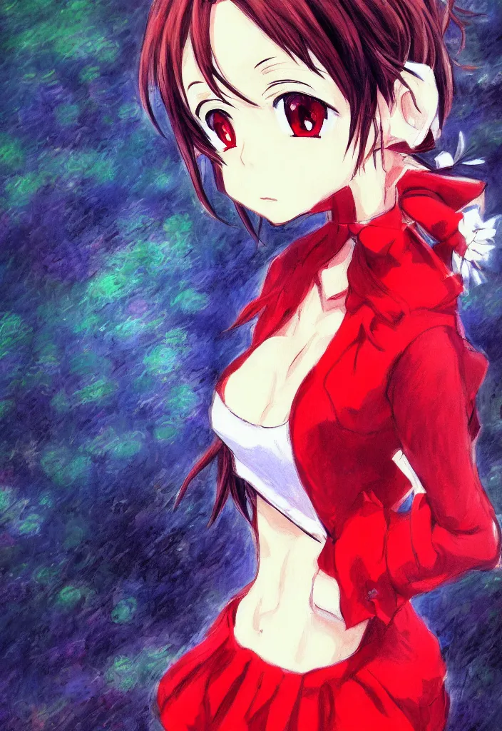 Image similar to medium shot portrait, a cute red outfit, tokyo anime scener, very anime in impressionist style, anime trending artwork, anime painter studio, by claude monet