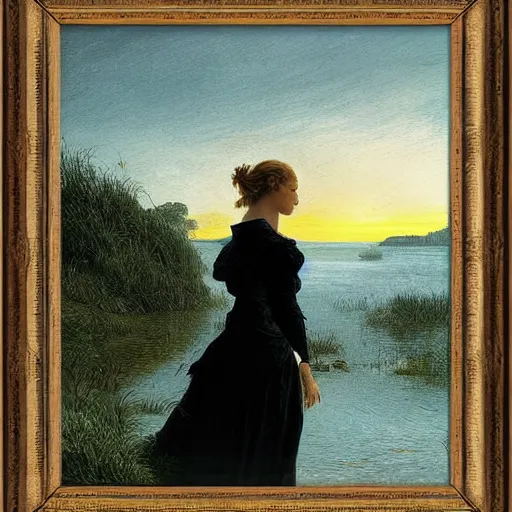 Image similar to young beautiful woman by the lake, hair waving in the wind, sunset, high detail, dramatic light, digital art, chiaroscuro, dark, painted by caspar david friedrich