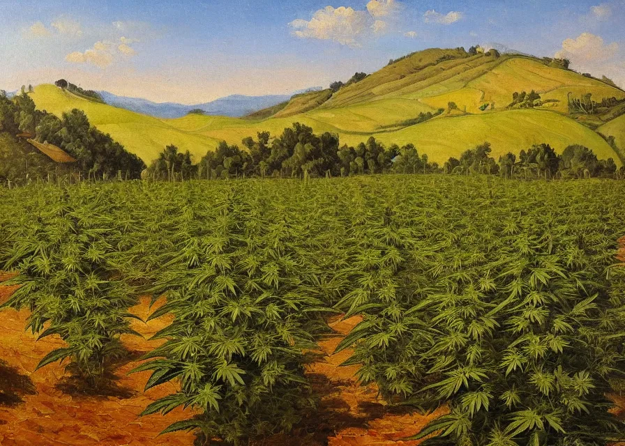 Image similar to cannabis fields in italian landscape, oil painting